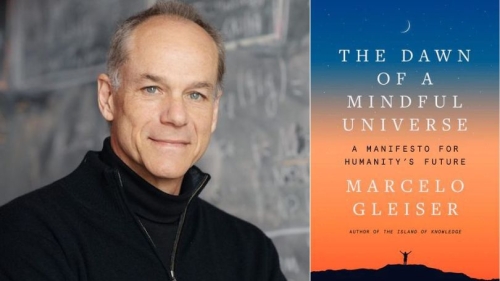 Marcelo Gleiser and the book cover of The Dawn of a Mindful Universe