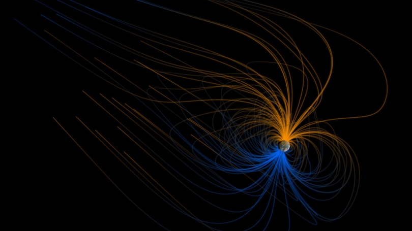  A scientific visualization of the magnetic field lines that make up Earth's magnetosphere. Interactions with particles emanating from the Sun squish the magnetic field on the Sun-facing side and elongate it on the dark side into a magnetotail.