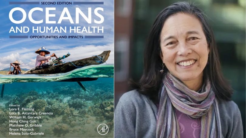 Composite image of Celia Chen, and the cover of the Oceans and Human Health textbook