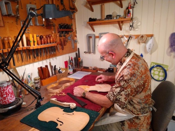 Alan Goldblatt works in his luthier studio