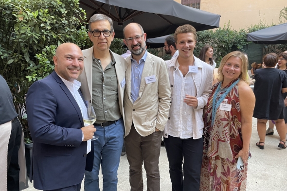 Faculty members Tarek El-Ariss, Ezzedine Fishere, and Jonathan Smolin (left to right), with André Bouzid '25